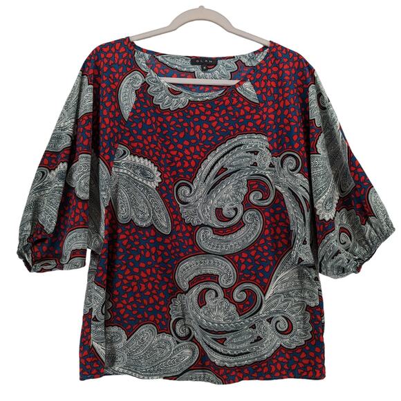 glam Tops - Glam Printed Blouse Small Red Blue Paisley Short Puff Sleeve Colorful Office Top